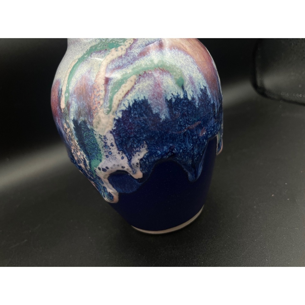 Studio Pottery Hand Signed Crystalline Drip Glaze Vase Blue Purple Green 6 inch - Picture 11 of 11